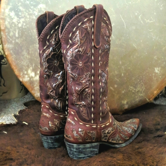 LANE "Poison" floral Chestnut brown & metallic snakeskin underlay cowgirl boots - Picture 5 of 16